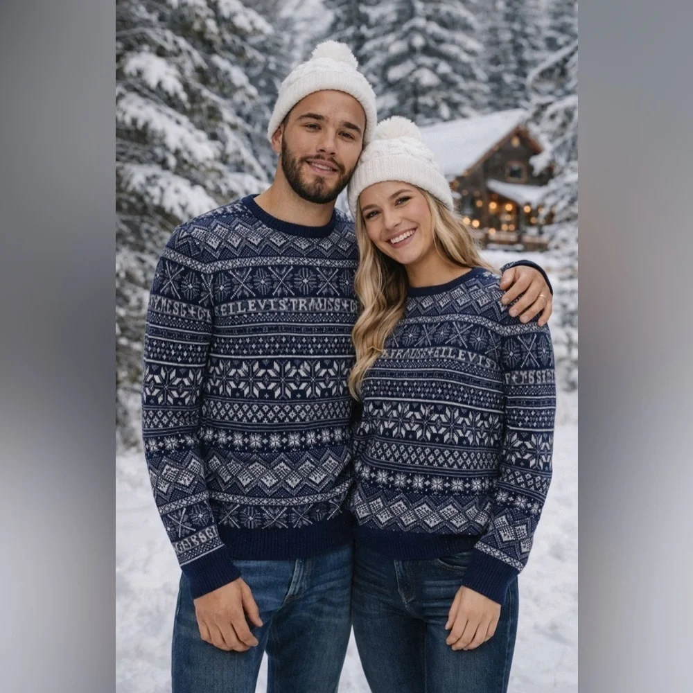 Levi’s Fair Isle Holiday Sweater Navy Blue White Gray Men’s M Winter Knit